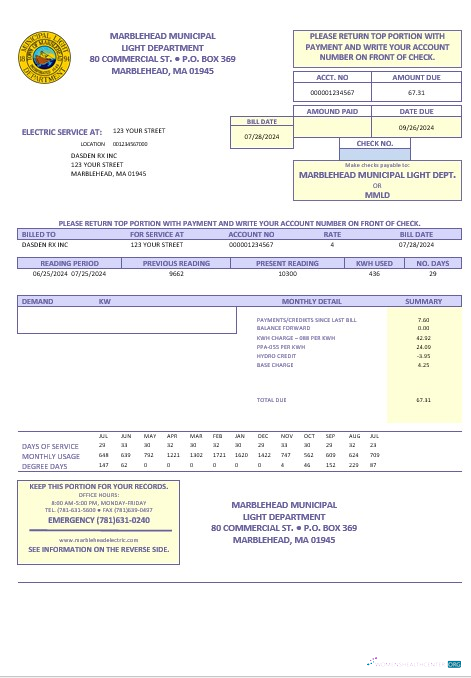 USA Marblehead Municipal Light Department business utility bill template in Word and PDF formats
